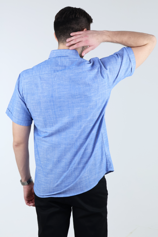 Camisa Azul Jaspe Moderna Hombre Manga Corta Con Bolsa Interior Oculta